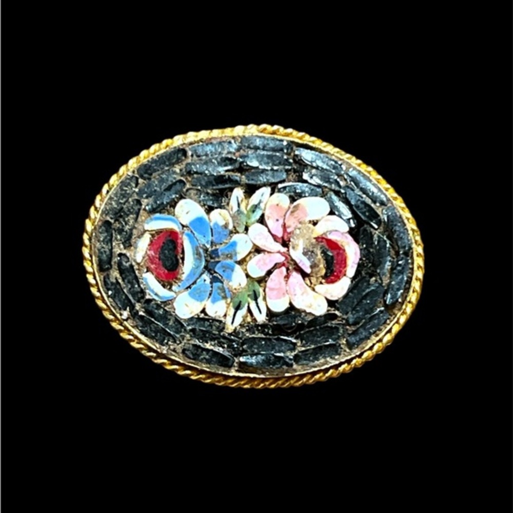 Vintage Italian Colorful Floral Roses Micro Mosaic Gold Plated Brooch 1920s